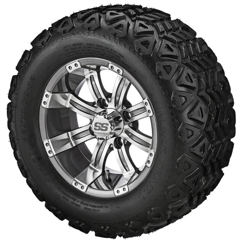 22x11.00-12 Black Trail Tires on Gun Metal Gray/Machined Casino Golf Cart Wheels