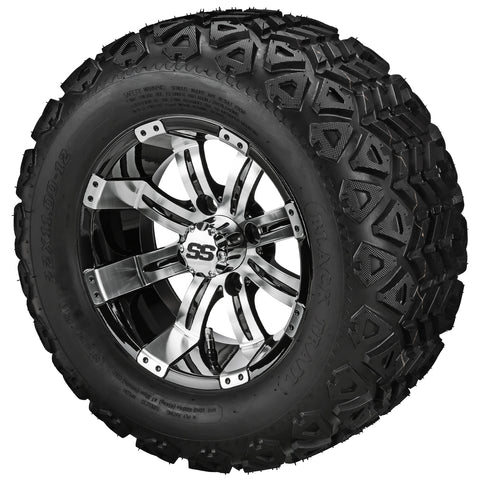 22x11.00-12 Black Trail Tires on Black/Machined Casino Golf Cart Wheels