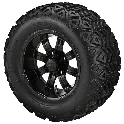 22x11.00-12 Black Trail Tires on Matte Black Casino Golf Cart Wheels