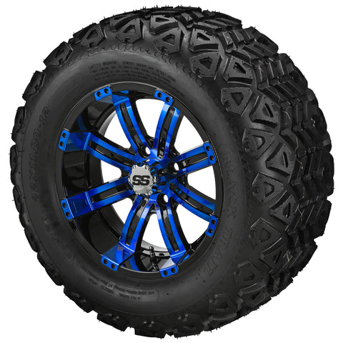 22x11.00-12 Black Trail Tires on Black/Blue Casino Golf Cart Wheels