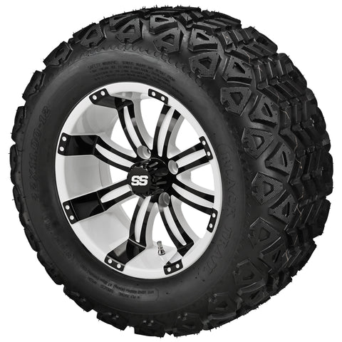 22x11.00-12 Black Trail Tires on White/Black Casino Golf Cart Wheels