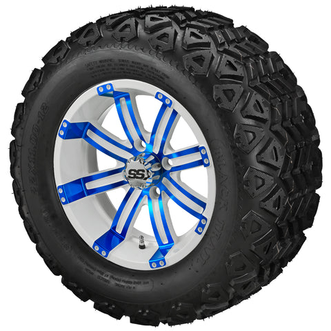 22x11.00-12 Black Trail Tires on White/Blue Casino Golf Cart Wheels