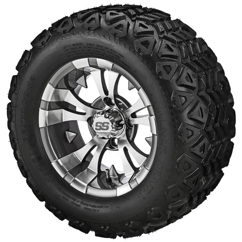 22x11.00-12 Black Trail Tires on Gun Metal Gray/Machined Warlock Golf Cart Wheels