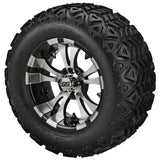 22x11.00-12 Black Trail Tires on Black/Machined Warlock Golf Cart Wheels