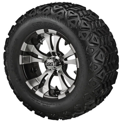 22x11.00-12 Black Trail Tires on Black/Machined Warlock Golf Cart Wheels
