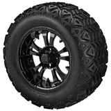 22x11.00-12 Black Trail Tires on Gloss Black Warlock Golf Cart Wheels