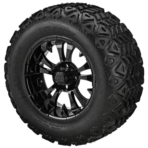 22x11.00-12 Black Trail Tires on Gloss Black Warlock Golf Cart Wheels