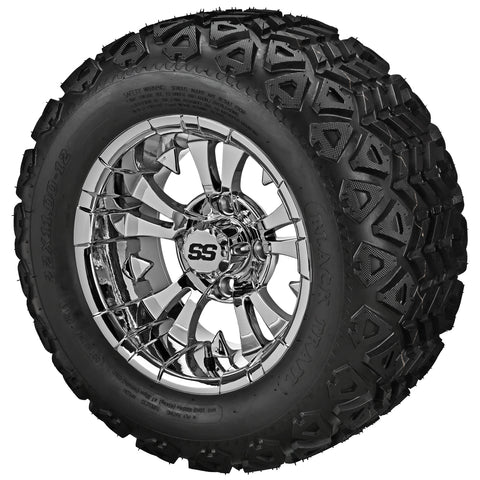 22x11.00-12 Black Trail Tires on Mirror Warlock Golf Cart Wheels