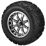 22x11.00-12 Black Trail Tires on Black/Machined Revenge Golf Cart Wheels with Color Inserts