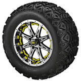 22x11.00-12 Black Trail Tires on Black/Machined Revenge Golf Cart Wheels with Color Inserts