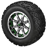 22x11.00-12 Black Trail Tires on Black/Machined Revenge Golf Cart Wheels with Color Inserts