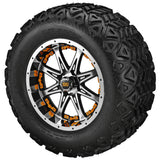 22x11.00-12 Black Trail Tires on Black/Machined Revenge Golf Cart Wheels with Color Inserts