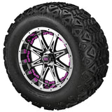 22x11.00-12 Black Trail Tires on Black/Machined Revenge Golf Cart Wheels with Color Inserts
