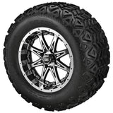 22x11.00-12 Black Trail Tires on Black/Machined Revenge Golf Cart Wheels with Color Inserts