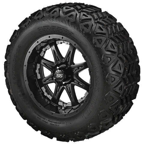 22x11.00-12 Black Trail Tires on Matte Black Revenge Golf Cart Wheels with Color Inserts