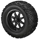 22x11.00-12 Black Trail Tires on Matte Black Revenge Golf Cart Wheels with Color Inserts