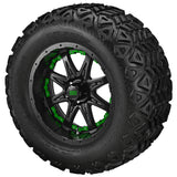 22x11.00-12 Black Trail Tires on Matte Black Revenge Golf Cart Wheels with Color Inserts