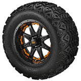 22x11.00-12 Black Trail Tires on Matte Black Revenge Golf Cart Wheels with Color Inserts
