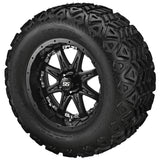 22x11.00-12 Black Trail Tires on Matte Black Revenge Golf Cart Wheels with Color Inserts
