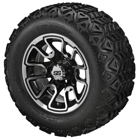22x11.00-12 Black Trail Tires on Black/Machined Tombstone Golf Cart Wheels