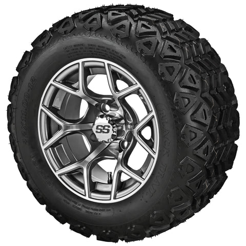 22x11.00-12 Black Trail Tires on Gun Metal Gray/Machined Ninja Golf Cart Wheels