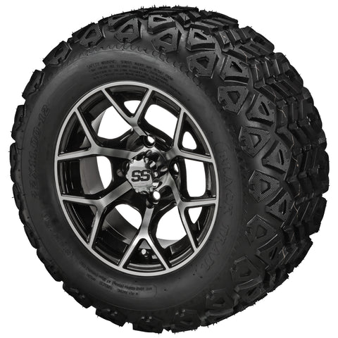 22x11.00-12 Black Trail Tires on Black/Machined Ninja Golf Cart Wheels