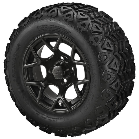 22x11.00-12 Black Trail Tires on Matte Black Ninja Golf Cart Wheels