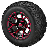 22x11.00-12 Black Trail Tires on Black/Red Ninja Golf Cart Wheels
