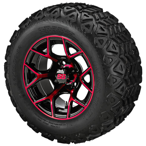 22x11.00-12 Black Trail Tires on Black/Red Ninja Golf Cart Wheels