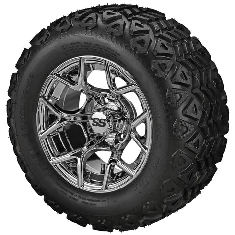22x11.00-12 Black Trail Tires on Mirror Ninja Golf Cart Wheels