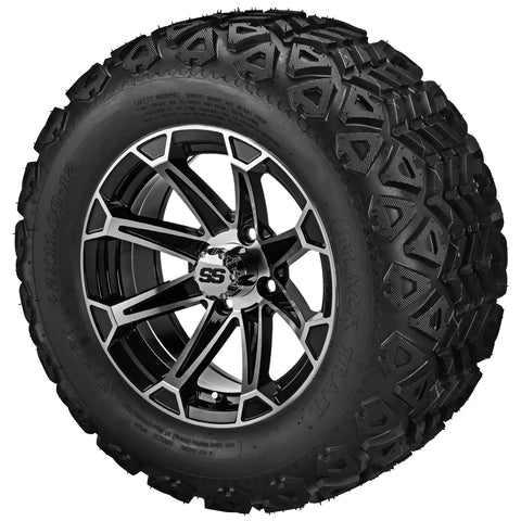22x11.00-12 Black Trail Tires on Black/Machined Viking Golf Cart Wheels