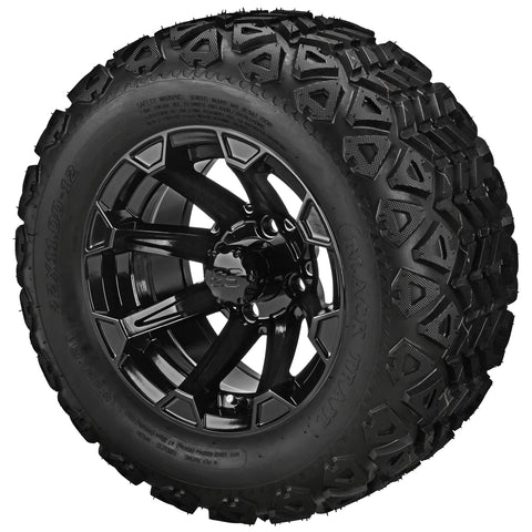 22x11.00-12 Black Trail Tires on Gloss Black Viking Golf Cart Wheels