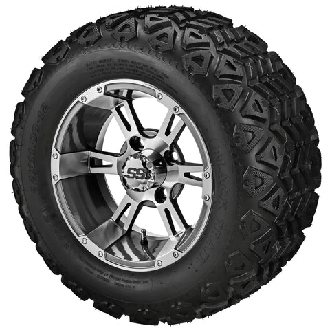 22x11.00-12 Black Trail Tires on Gun Metal Gray/Machined Raptor Golf Cart Wheels