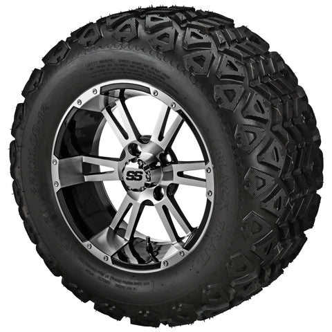 22x11.00-12 Black Trail Tires on Black/Machined Raptor Golf Cart Wheels
