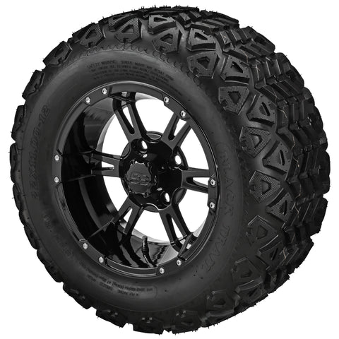 22x11.00-12 Black Trail Tires on Gloss Black Raptor Golf Cart Wheels