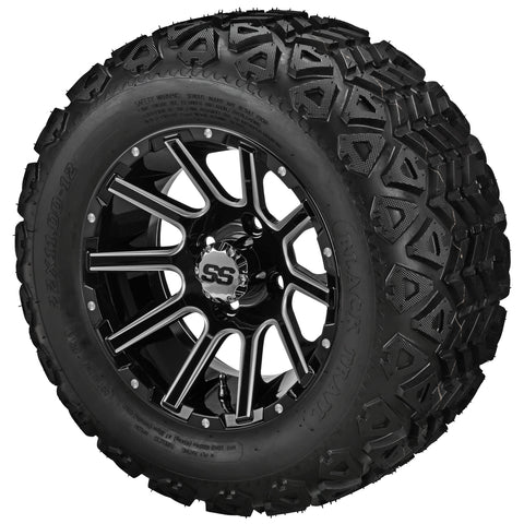 22x11.00-12 Black Trail Tires on Black/Machined Ball Milled Venom Golf Cart Wheels
