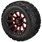 22x11.00-12 Black Trail Tires on Black/Red Ball Milled Venom Golf Cart Wheels