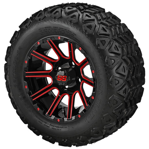 22x11.00-12 Black Trail Tires on Black/Red Ball Milled Venom Golf Cart Wheels