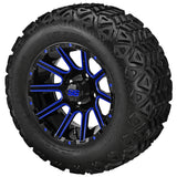 22x11.00-12 Black Trail Tires on Black/Blue Ball Milled Venom Golf Cart Wheels