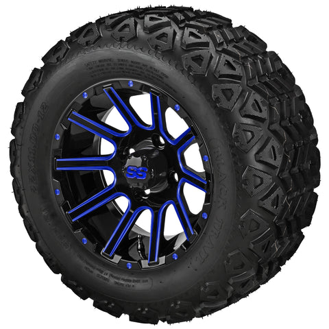 22x11.00-12 Black Trail Tires on Black/Blue Ball Milled Venom Golf Cart Wheels