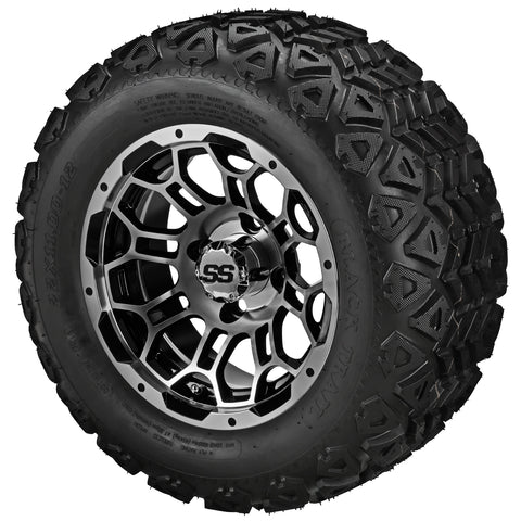 22x11.00-12 Black Trail Tires on Black/Machined Hercules Golf Cart Wheels