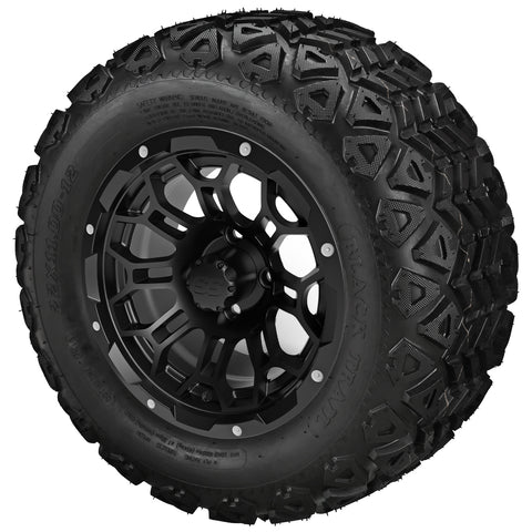 22x11.00-12 Black Trail Tires on Gloss Black Hercules Golf Cart Wheels