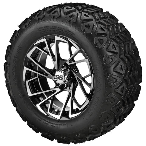 22x11.00-12 Black Trail Tires on Black/Machined Stinger Golf Cart Wheels