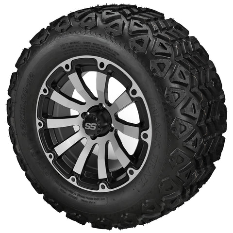 22x11.00-12 Black Trail Tires on Black/Machined Beast Golf Cart Wheels