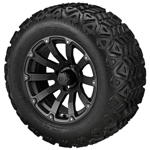 22x11.00-12 Black Trail Tires on Matte Black Beast Golf Cart Wheels