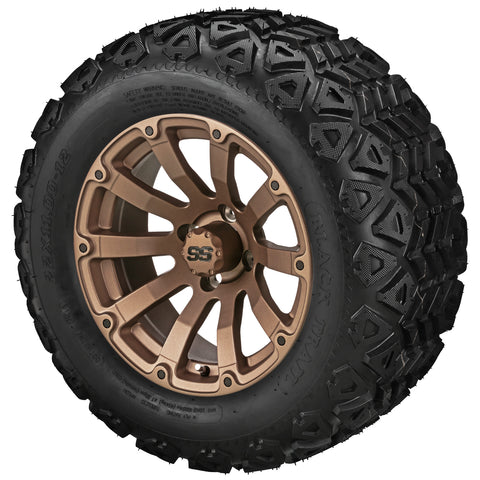 22x11.00-12 Black Trail Tires on Matte Bronze Beast Golf Cart Wheels