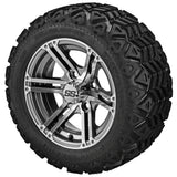 20x10.00-12 Black Trail Tires on 12x6 Gun Metal Gray/Machined Yukon Golf Cart Wheels