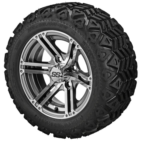 20x10.00-12 Black Trail Tires on 12x6 Gun Metal Gray/Machined Yukon Golf Cart Wheels