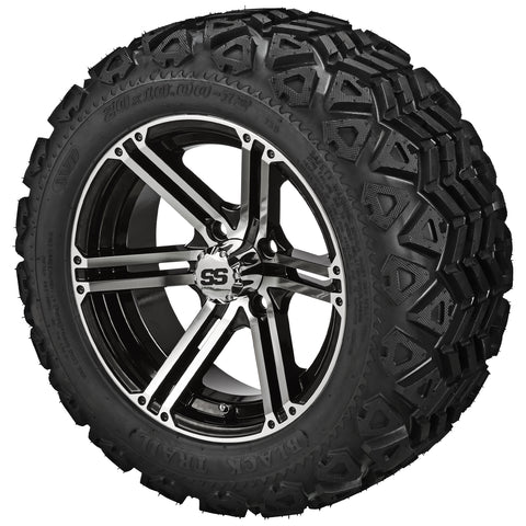 20x10.00-12 Black Trail Tires on 12x6 Black/Machined Yukon Golf Cart Wheels