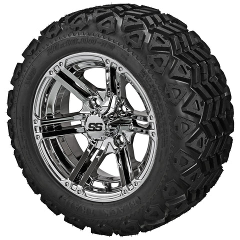 20x10.00-12 Black Trail Tires on 12x6 Mirror Yukon Golf Cart Wheels